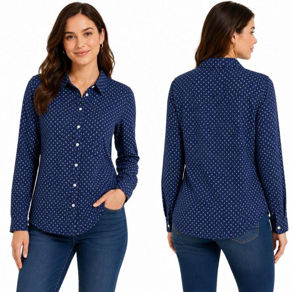 Dalia Navy Polka Dot Button Front Shirt Women's Large